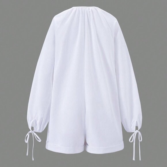 White Cute Women's Solid Color Daily Long Sleeve Romper - Picture 2 of 5